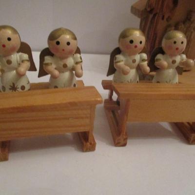 Vintage German Christmas Angels School Wooden Hand Painted & Serrv West Bank Wooden Nativity Scene