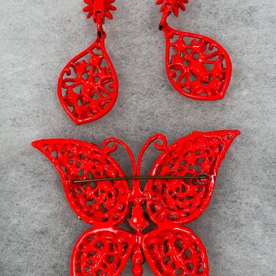 Orange Butterfly pin and earrings set
