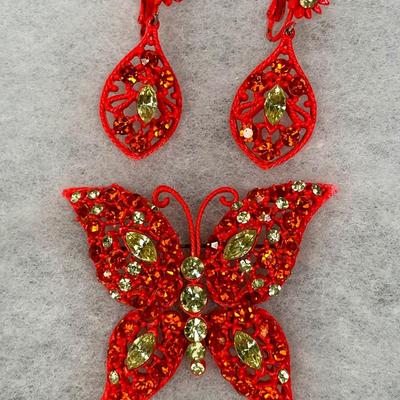 Orange Butterfly pin and earrings set