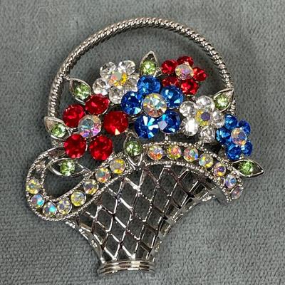Whimsical flower basket rhinestone pin