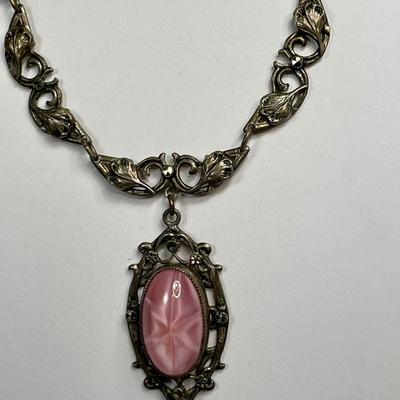 Art Deco Necklace with Pink faux star sapphire glass