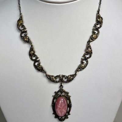 Art Deco Necklace with Pink faux star sapphire glass