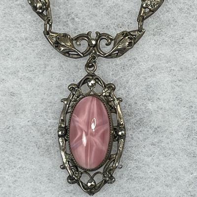 Art Deco Necklace with Pink faux star sapphire glass