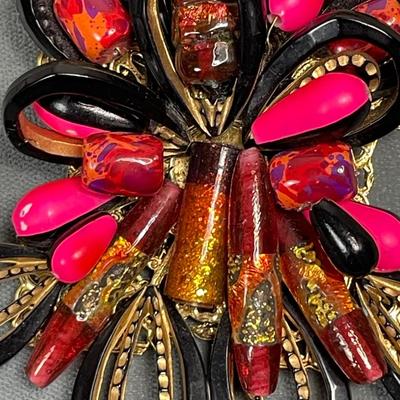 Unusual foil glass beaded brooch