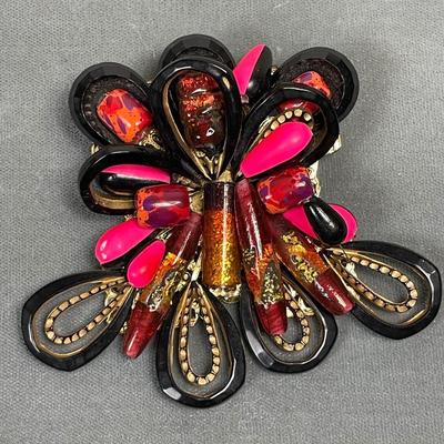 Unusual foil glass beaded brooch