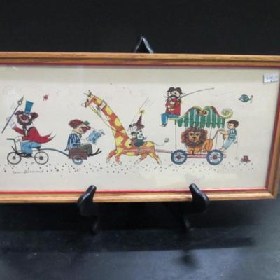 Vintage Circus Art By Denis Allemand Framed 19" x 9"