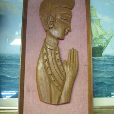 Vintage 20" x 10" Framed Hand Carved Wood Praying Oriental Man