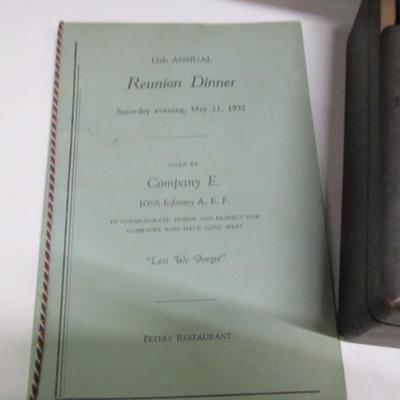 Antique Dog Tags 1932 106th Infantry Reunion Dinner Pamphlet & Lapel Pins