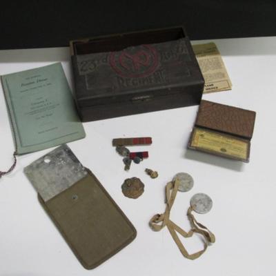 Antique Dog Tags 1932 106th Infantry Reunion Dinner Pamphlet & Lapel Pins