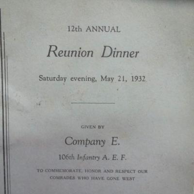 Antique Dog Tags 1932 106th Infantry Reunion Dinner Pamphlet & Lapel Pins