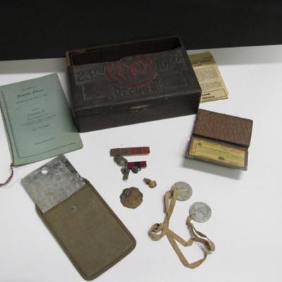 Antique Dog Tags 1932 106th Infantry Reunion Dinner Pamphlet & Lapel Pins
