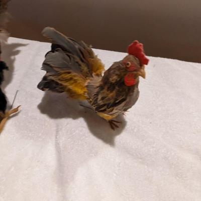 Vintage Rooster Figurines With Feathers