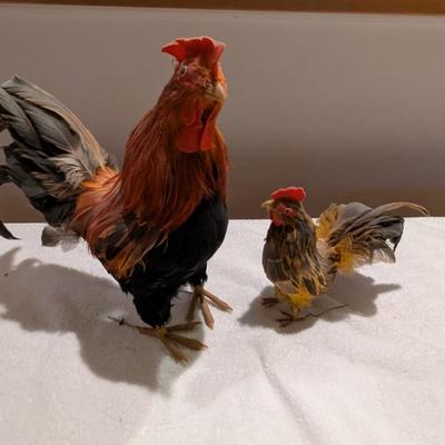 Vintage Rooster Figurines With Feathers
