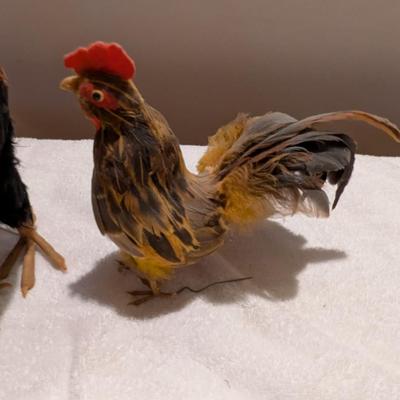Vintage Rooster Figurines With Feathers
