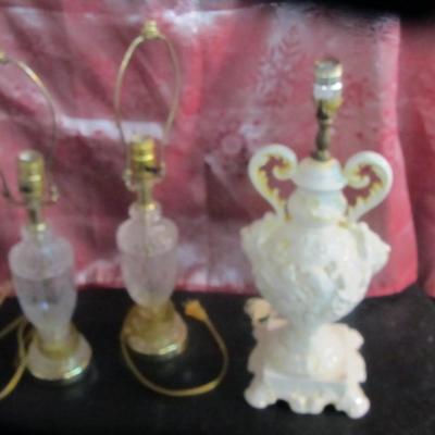 Pair Of Crystal Lamps & Milk Glass Lamp