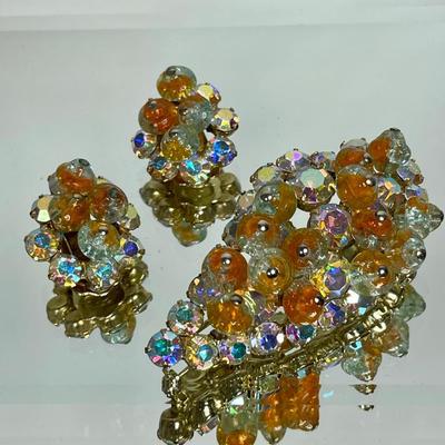 Vintage rhinestone and glass bead Pin and earrings