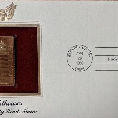 Lighthouses West Quoddy Head, Maine Gold Stamp Replica First Day Cover