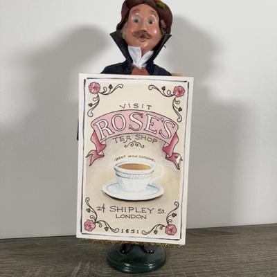 LOT 20B: Byers Choice Carolers - Man w/ Nutcrackers, Rose's Tea Shop Board & Candle Holders
