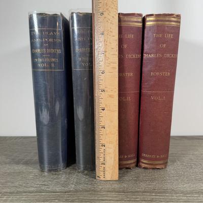 LOT 22K: Antique 1876 The Life of Charles Dickens Vol I & II by John Forster & 1882 The Plays and Poems of Charles Dickens Vol I...