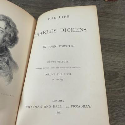 LOT 22K: Antique 1876 The Life of Charles Dickens Vol I & II by John Forster & 1882 The Plays and Poems of Charles Dickens Vol I...