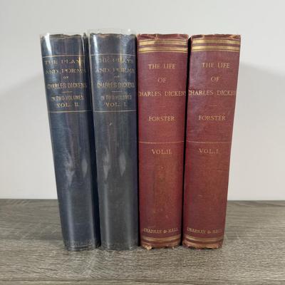 LOT 22K: Antique 1876 The Life of Charles Dickens Vol I & II by John Forster & 1882 The Plays and Poems of Charles Dickens Vol I...
