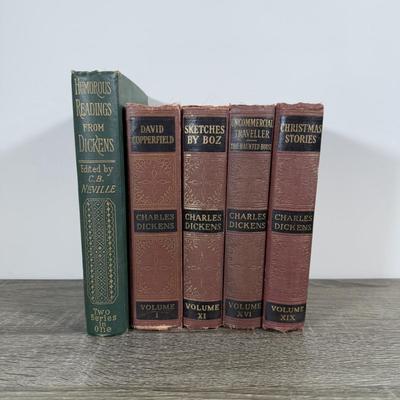 LOT 24K: Antique 1900s Humorous Readings from Charles Dickens 2nd Edition & Vintage/Antique Works of Charles Dickens (4 Volumes)