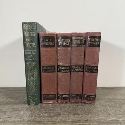 LOT 24K: Antique 1900s Humorous Readings from Charles Dickens 2nd Edition & Vintage/Antique Works of Charles Dickens (4 Volumes)