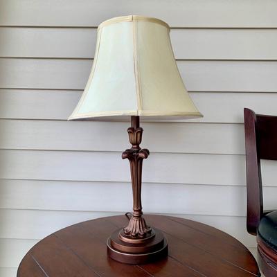 LOT 38 G: Quoizel Lamp, Hammary Furniture Dark Wood Adjustable Round Side Table, & Rotating Bar Stool Seat