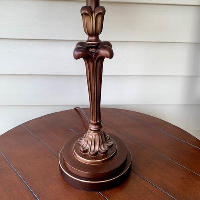 LOT 38 G: Quoizel Lamp, Hammary Furniture Dark Wood Adjustable Round Side Table, & Rotating Bar Stool Seat