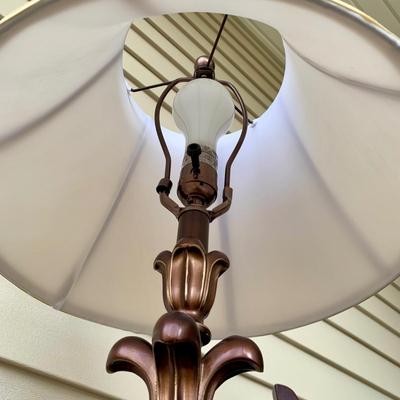 LOT 38 G: Quoizel Lamp, Hammary Furniture Dark Wood Adjustable Round Side Table, & Rotating Bar Stool Seat