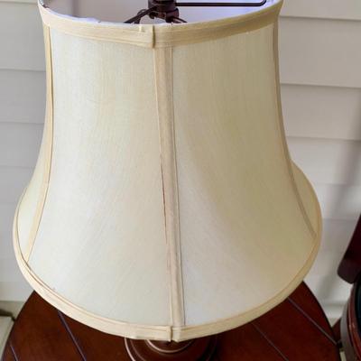 LOT 38 G: Quoizel Lamp, Hammary Furniture Dark Wood Adjustable Round Side Table, & Rotating Bar Stool Seat