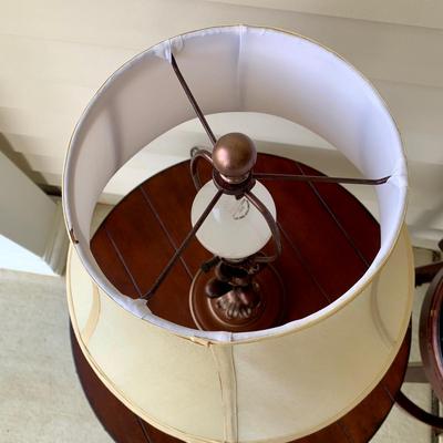 LOT 38 G: Quoizel Lamp, Hammary Furniture Dark Wood Adjustable Round Side Table, & Rotating Bar Stool Seat