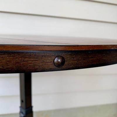 LOT 38 G: Quoizel Lamp, Hammary Furniture Dark Wood Adjustable Round Side Table, & Rotating Bar Stool Seat