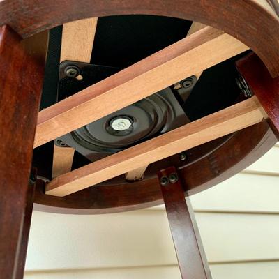 LOT 38 G: Quoizel Lamp, Hammary Furniture Dark Wood Adjustable Round Side Table, & Rotating Bar Stool Seat