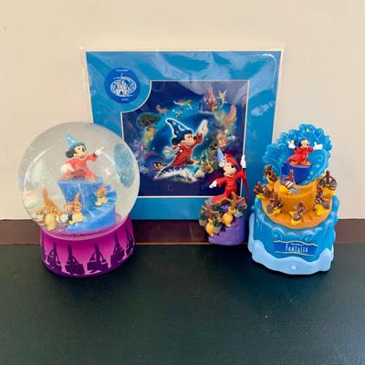 LOT 58 L: Disney's Fantasia Collection: 2016 & 2020 Ornaments, Showcase Collection Sorcerer Mickey And Brooms Snowglobe, &...