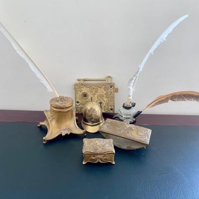 LOT 76 L: Antique French Art Nouveau Miniature Box & Rocking Ink Blotter, Jennings Brothers Ink Well, & More