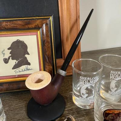 LOT 109L: Sherlock Holmes Collection - Chalkboard Sign, Beer & Shot Glasses, Pipe Pen Holder Desk Set & More