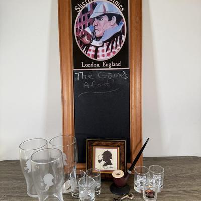 LOT 109L: Sherlock Holmes Collection - Chalkboard Sign, Beer & Shot Glasses, Pipe Pen Holder Desk Set & More
