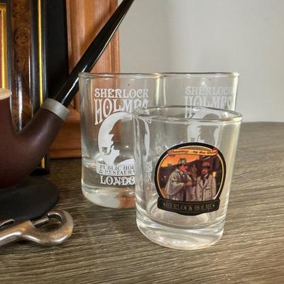 LOT 109L: Sherlock Holmes Collection - Chalkboard Sign, Beer & Shot Glasses, Pipe Pen Holder Desk Set & More