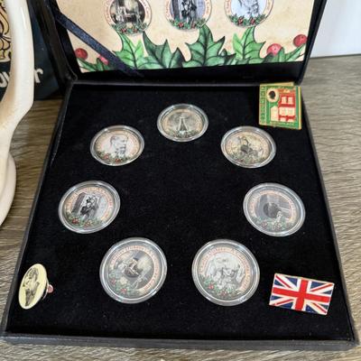 LOT 110L: Charles Dickens A Christmas Carol Coins, Postcards & Dickens Inn Souvenir Mugs