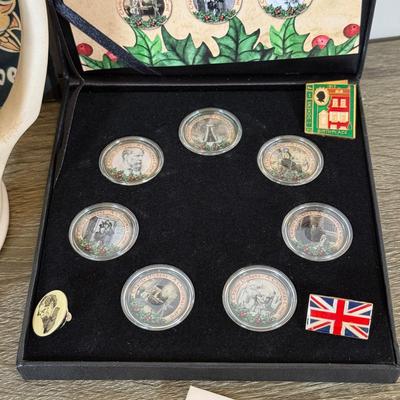 LOT 110L: Charles Dickens A Christmas Carol Coins, Postcards & Dickens Inn Souvenir Mugs