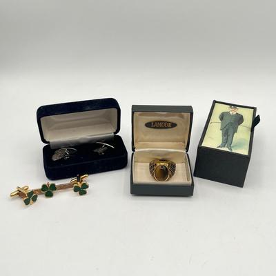 LOT 122J: Vintage Gold Plated Tiger’s Eye Ring, Sterling Cufflinks & More!