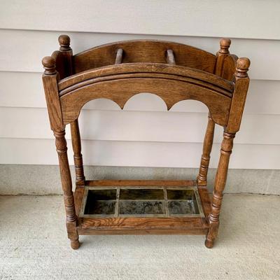 LOT 162 G: Wooden Coat Rack, Oak Umbrella Stand, & Collection of Walking Sticks & Canes (Wood & Aluminum)