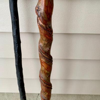 LOT 162 G: Wooden Coat Rack, Oak Umbrella Stand, & Collection of Walking Sticks & Canes (Wood & Aluminum)