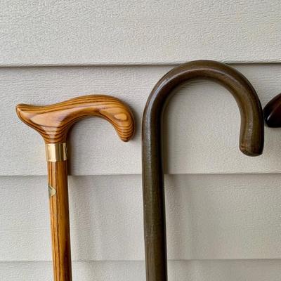 LOT 162 G: Wooden Coat Rack, Oak Umbrella Stand, & Collection of Walking Sticks & Canes (Wood & Aluminum)