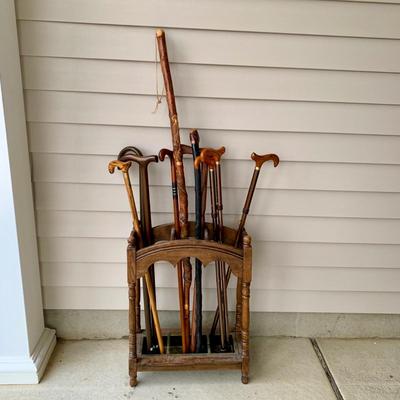 LOT 162 G: Wooden Coat Rack, Oak Umbrella Stand, & Collection of Walking Sticks & Canes (Wood & Aluminum)