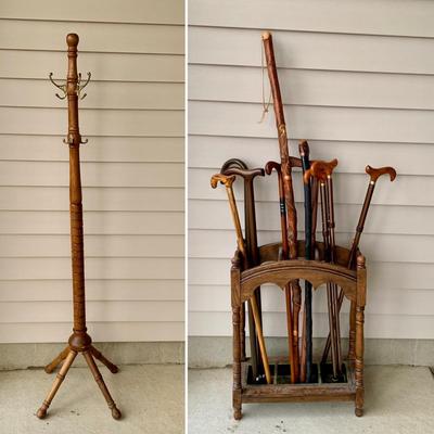 LOT 162 G: Wooden Coat Rack, Oak Umbrella Stand, & Collection of Walking Sticks & Canes (Wood & Aluminum)