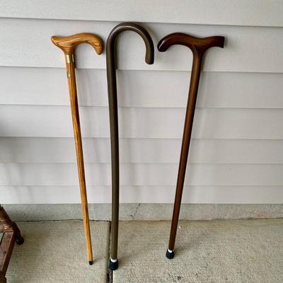 LOT 162 G: Wooden Coat Rack, Oak Umbrella Stand, & Collection of Walking Sticks & Canes (Wood & Aluminum)