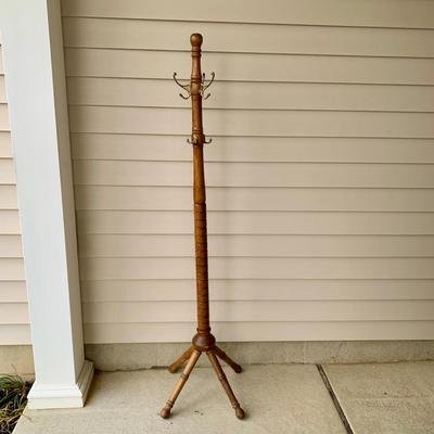 LOT 162 G: Wooden Coat Rack, Oak Umbrella Stand, & Collection of Walking Sticks & Canes (Wood & Aluminum)