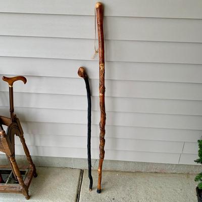 LOT 162 G: Wooden Coat Rack, Oak Umbrella Stand, & Collection of Walking Sticks & Canes (Wood & Aluminum)